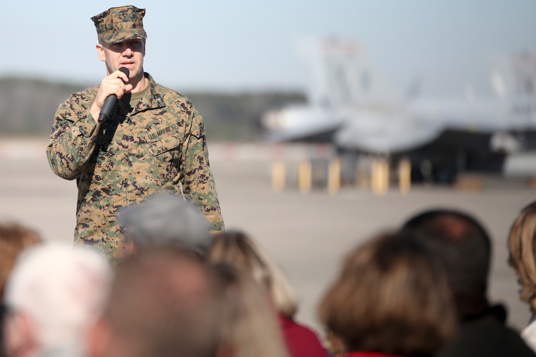 Lt. Col. Jonathan Curtis addresses a crowd during VMFA-115’s change of command ceremony aboard Marine Corps Air Station Beaufort, Jan. 11. During the ceremony
Curtis relinquished command of the “Silver Eagles” to Lt. Col. Edmund Hipp.
