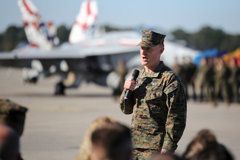 Lt. Col. Edmund B. Hipp addresses a crowd during VMFA-115’s change of command ceremony aboard Marine Corps Air Station Beaufort, Jan. 11. During the ceremony Lt. Col. Jonathan Curtis relinquished command of the “Silver Eagles” to Hipp.