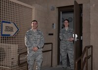 Capt. Matthew Pellegrine, 49th Wing special victims’ counsel, and Tech. Sgt. Rochelle Schwarz, 49th Wing special victims’ paralegal, pose outside the new Special Victims’ Counsel Office, Jan. 1, 2019, on Holloman Air Force Base, N.M. The SVC offers confidential legal advice to victims of an offense under the Uniform Code of Military Justice. (U.S. Air Force photo by Airman Autumn Vogt)