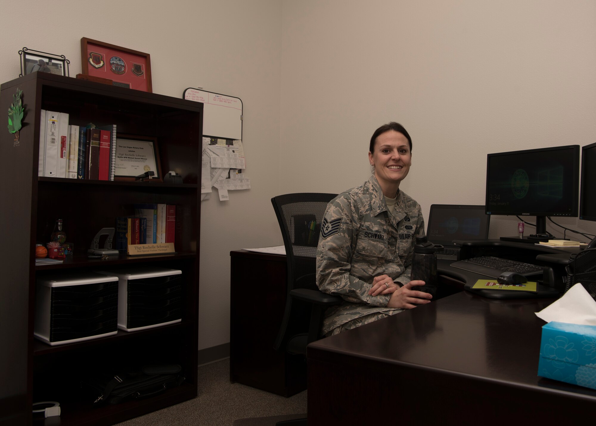 Tech. Sgt. Rochelle Schwarz, 49th Wing special victims paralegal, poses for a picture Jan. 11, 2019, in the Special Victims’ Counsel Office on Holloman Air Force Base, N.M. The SVC offers confidential legal advice to victims of an offense under the Uniform Code of Military Justice. (U.S. Air Force photo by Airman Autumn Vogt)