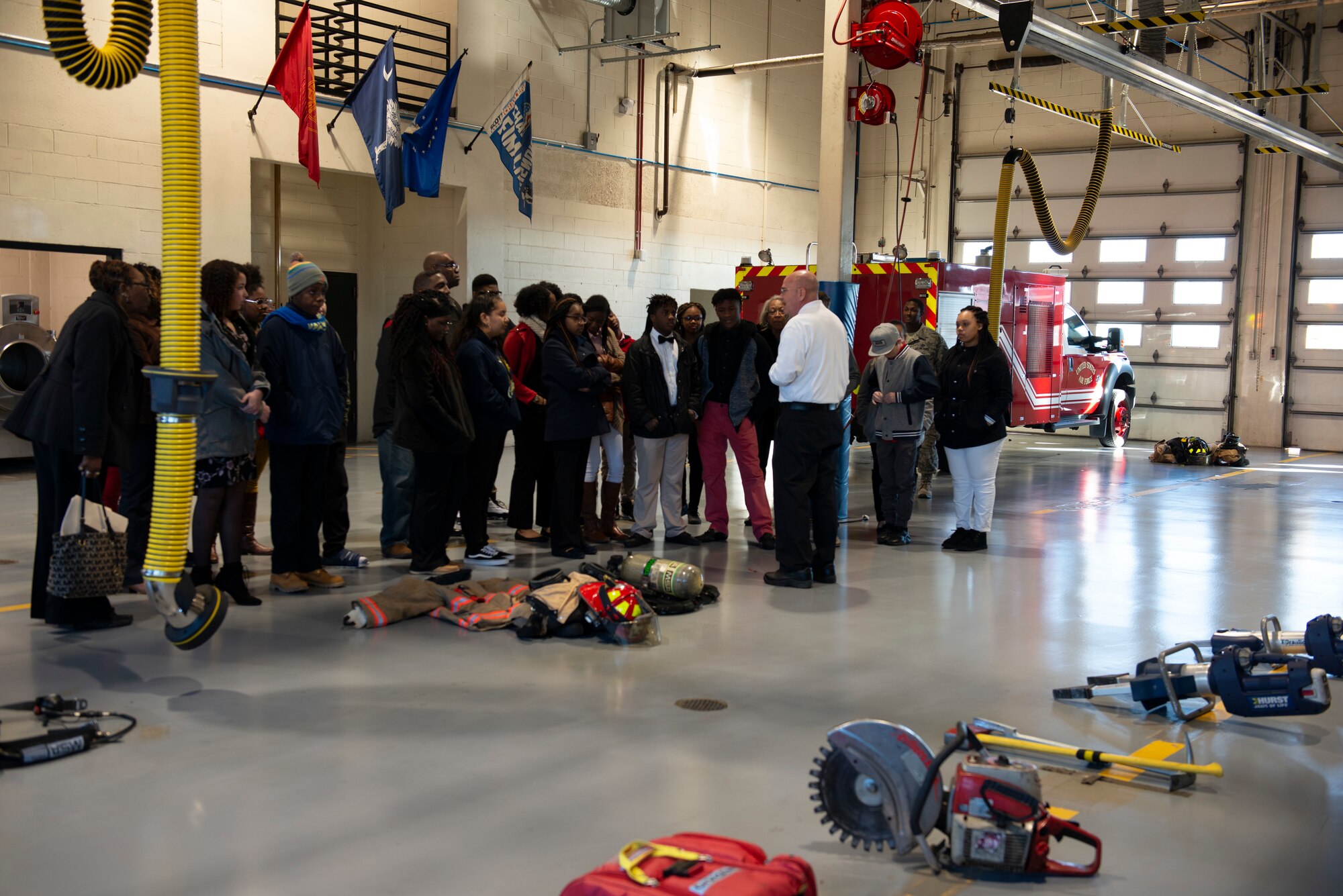 Students from five local middle schools meet the 20th Civil Engineer Squadron firefighters at Shaw Air Force Base, S.C., Jan.11, 2019.