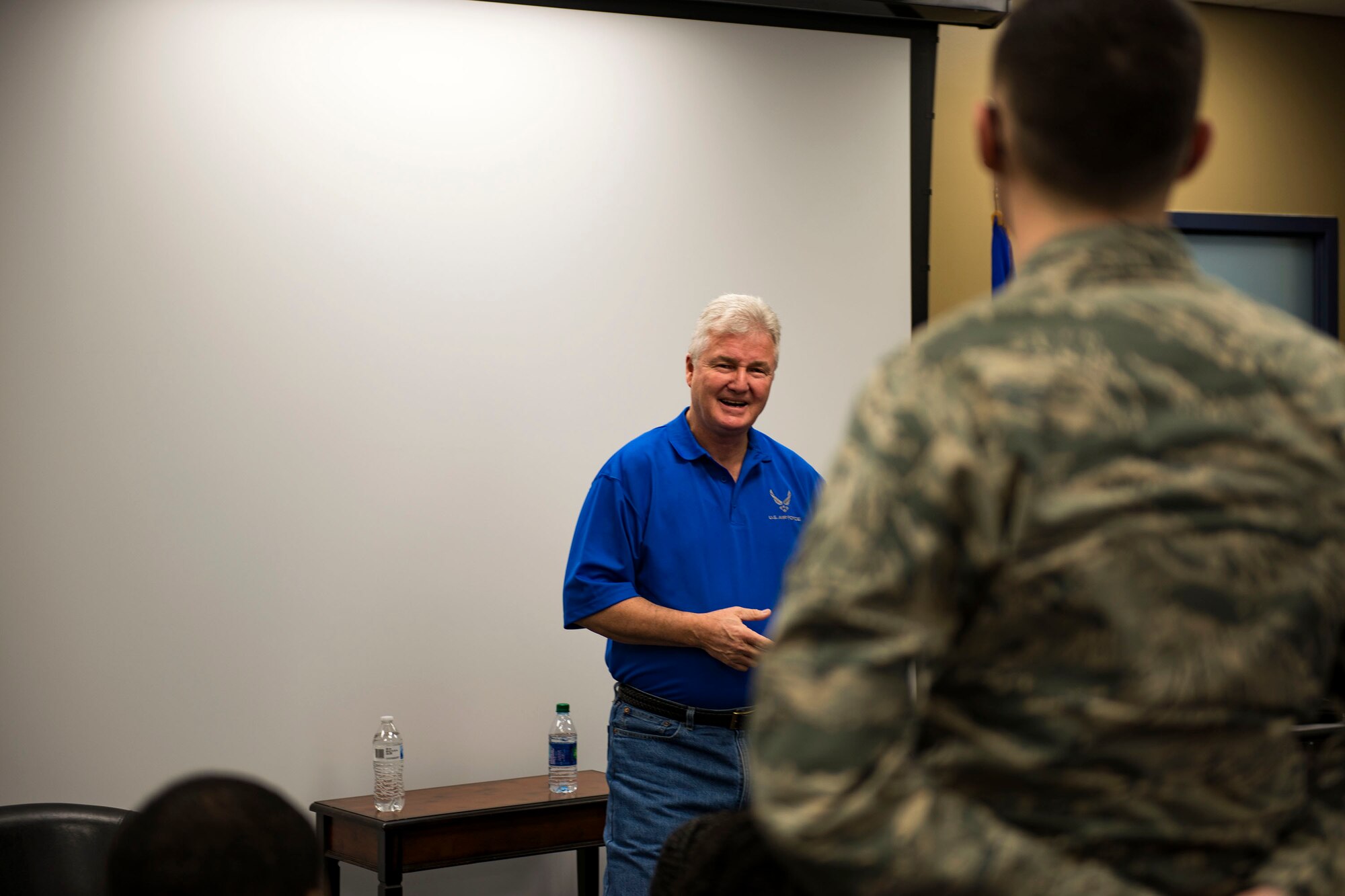 Former Chief Master Sgt. of the Air Force (CMSAF) Gerald Murray, now retired, answers a question from an Airman during a First-Term Airmen’s Center brief, Jan. 10, 2018, at Moody Air Force Base, Ga. As the guest speaker for the Chief Recognition Ceremony here, Murray spoke to Airmen about his experience as the 14th CMSAF and the leadership and professionalism that helped get him there. (U.S. Air Force photo by Airman 1st Class Erick Requadt)