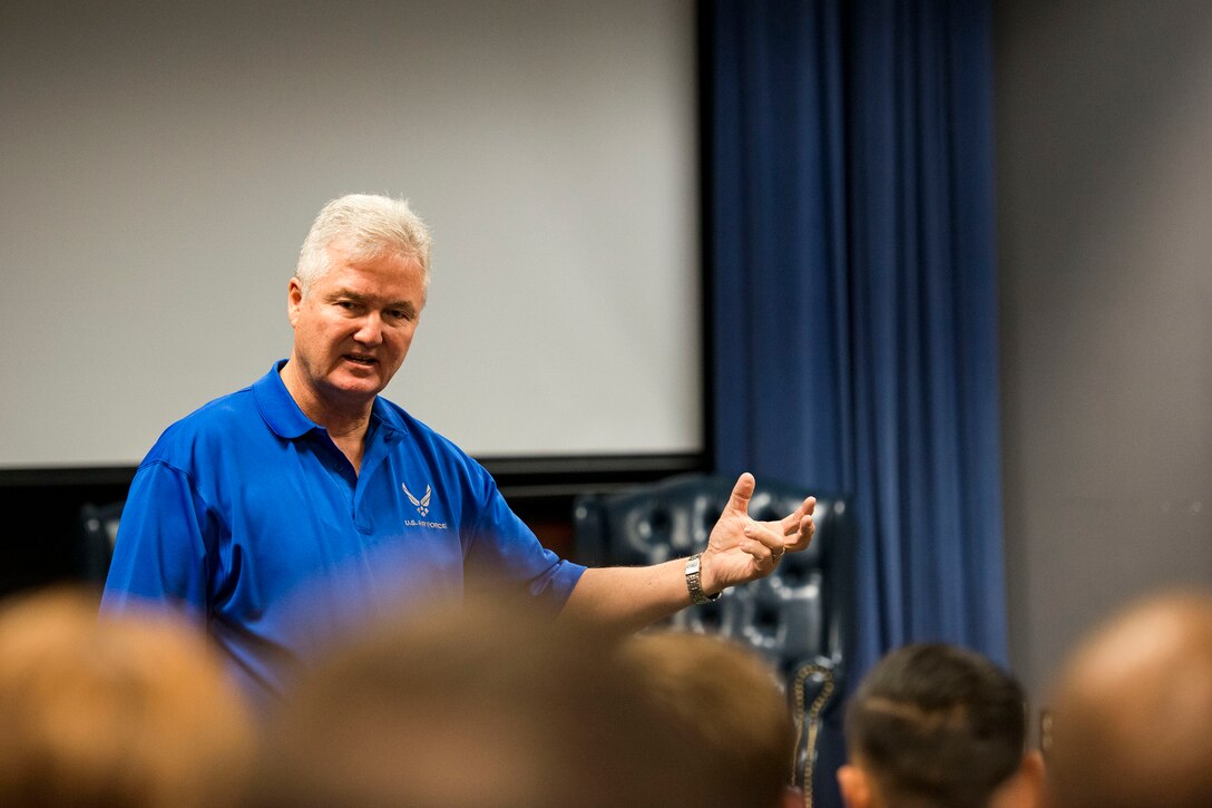 Former Chief Master Sgt. of the Air Force (CMSAF) Gerald Murray, now retired, speaks to Airman Leadership School (ALS) 19 class Bravo during an ALS brief, Jan. 11, 2018, at Moody Air Force Base, Ga. As the guest speaker for the Chief Recognition Ceremony here, Murray spoke to Airmen about his experience as the 14th CMSAF and the leadership and professionalism that helped get him there. (U.S. Air Force photo by Airman 1st Class Erick Requadt)