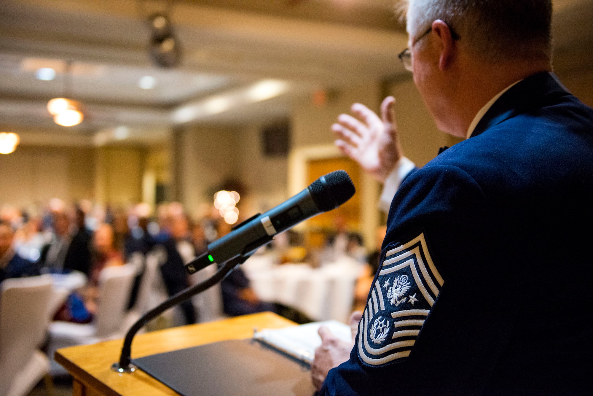 Former Chief Master Sgt. of the Air Force Gerald Murray, now retired, speaks during a Chief Recognition Ceremony, Jan. 11, 2018, at Moody Air Force Base, Ga. As one of the oldest military traditions, the ceremony recognized members selected for promotion to the rank of chief, a rank which only one percent of the Air Force’s total enlisted force hold. (U.S. Air Force photo by Airman 1st Class Erick Requadt)