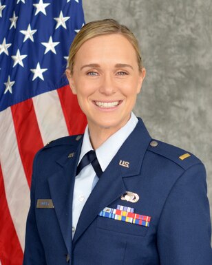 2nd Lt. Callie McNary, 507th Air Refueling Wing public affairs officer, stands for an official photograph Dec. 2, 2018, at Tinker Air Force Base, Oklahoma. (U.S. Air Force photo by Tech. Sgt. Lauren Gleason)