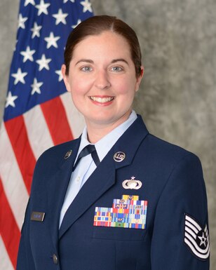 Tech. Sgt. Samantha Mathison, 507th Air Refueling Wing NCOIC, command information, stands for an official photograph April 7, 2018, at Tinker Air Force Base, Oklahoma. (U.S. Air Force photo by Tech. Sgt. Lauren Gleason)