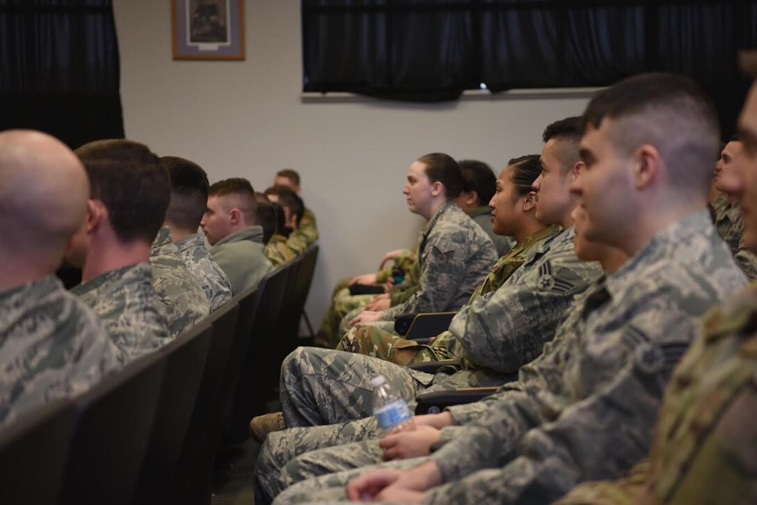 Airman Leadership School students listen to instruction at Minot Air Force Base, N.D., Jan. 15, 2019. Approximately seven classes are taught throughout the year, transitioning roughly 448 students from Airmen to NCOs. (U.S. Air Force photo by Airman 1st Class Heather Ley)