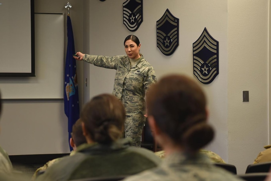 Staff Sgt. Symphony Leyk, 5th Force Support Squadron Airman Leadership School Instructor, educates her students at Minot Air Force Base, N.D., Jan. 15, 2019. Leyk has taught more than 2,768 hours of curriculum and instructed 304 students. (U.S. Air Force photo by Airman 1st Class Heather Ley)