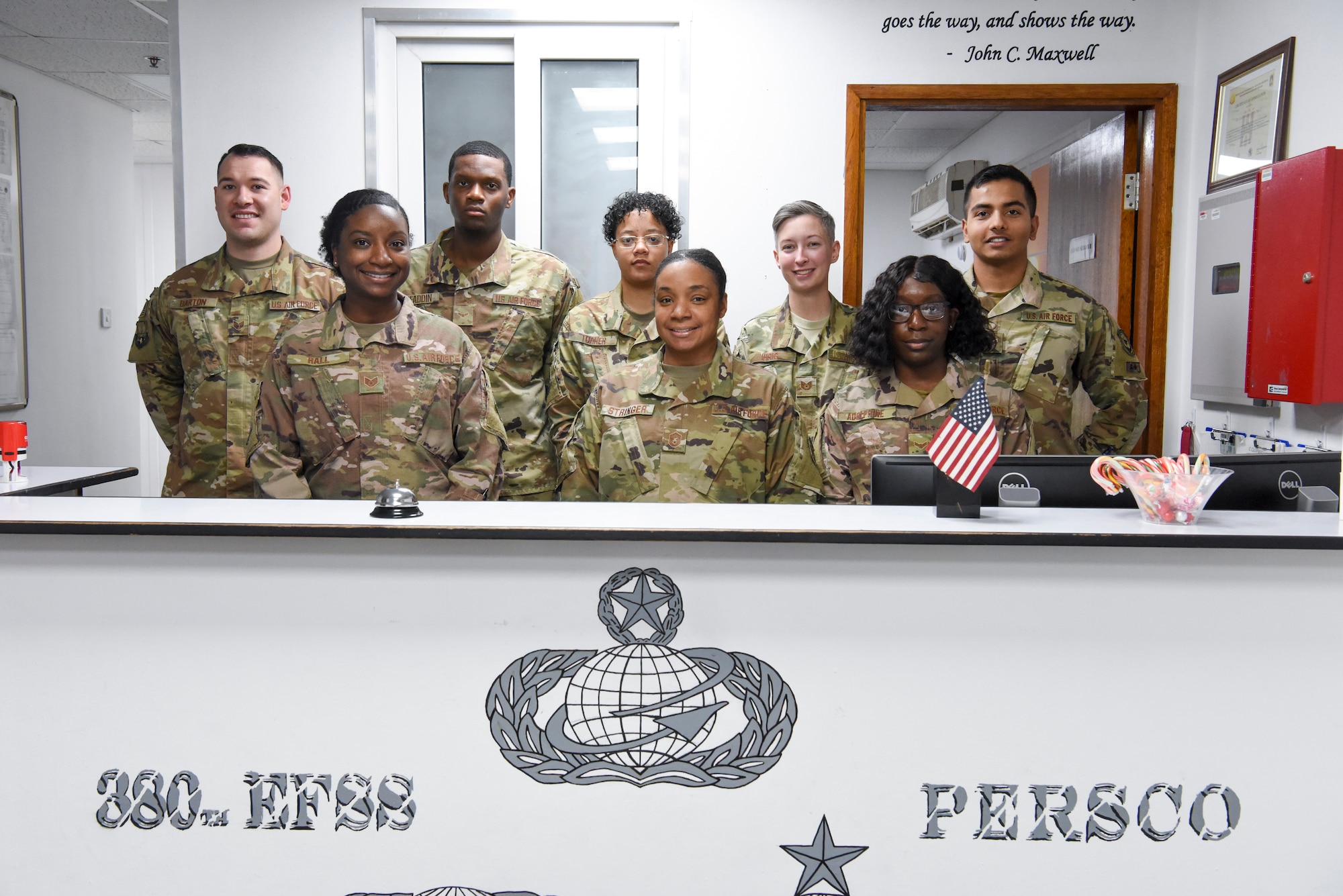 The Personnel Support for Contingency Operations team take a group photo Jan. 17, 2019 at Al Dhafra Air Base, United Arab Emirates.