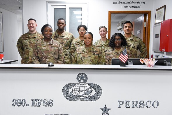 The Personnel Support for Contingency Operations team take a group photo Jan. 17, 2019 at Al Dhafra Air Base, United Arab Emirates.