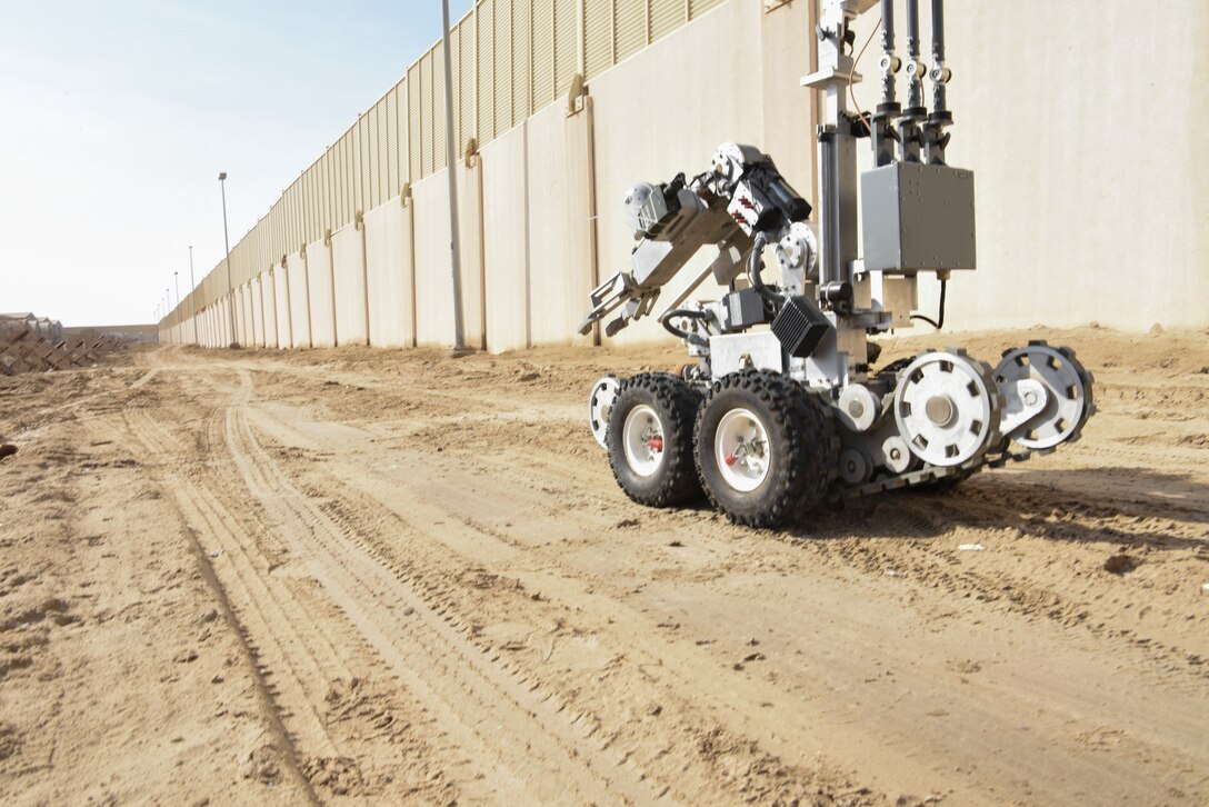 The 380th Expeditionary Civil Engineer Squadron Explosive Ordinance Disposal flight send in their robot to evaluate an area during a joint training event Jan. 15, 2019 at Al Dhafra Air Base, United Arab Emirates.
