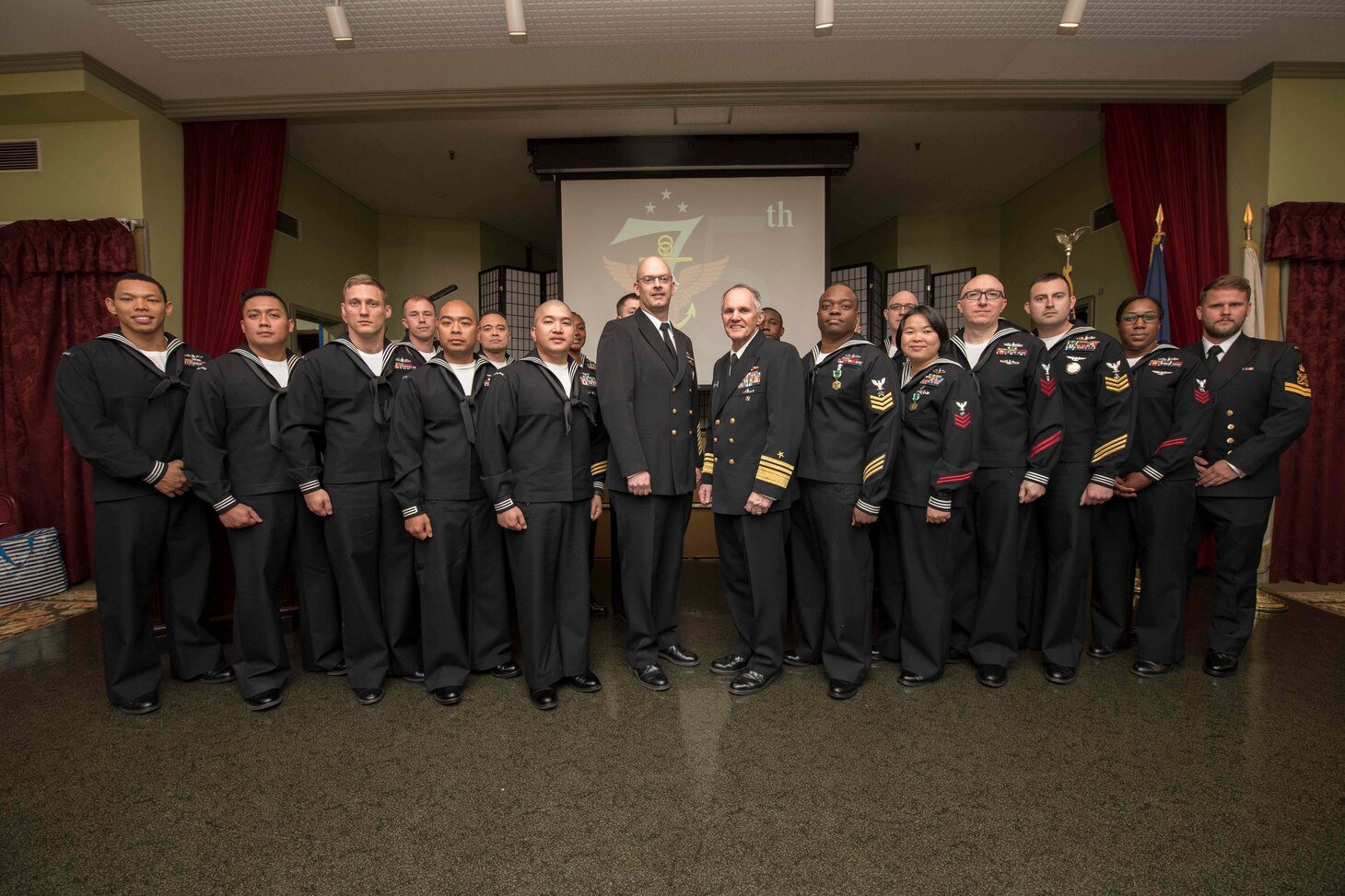 YOKOSUKA, Japan (Jan, 17 2019) - Vice Adm. Phil Sawyer(center right), along with Fleet Master Chief Tobi Howat(center left), pose with Sailors of the Year from the U.S. Navy's 7th Fleet and Royal New Zealand Navy at the announcement luncheon during 7th Fleet Sailor of the Year competition. The 7th Fleet Sailor of the Year Week is designed to share with these outstanding Sailors the unique operational environment in the 7th Fleet as well as enhance regional partnerships with like-minded forces.