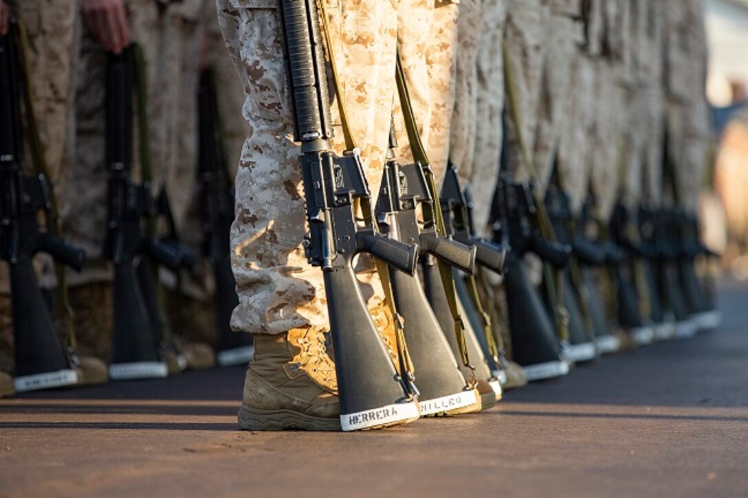 U.S Marine officer candidates with the Officer Candidate School, participate in close order drill, at Marine Corps Base Quantico, Va., Oct. 23, 2018. Close order drill instills discipline and team work within the officer candidates. (U.S. Marine Corps photo by Lance Cpl. Paige M. Verry)