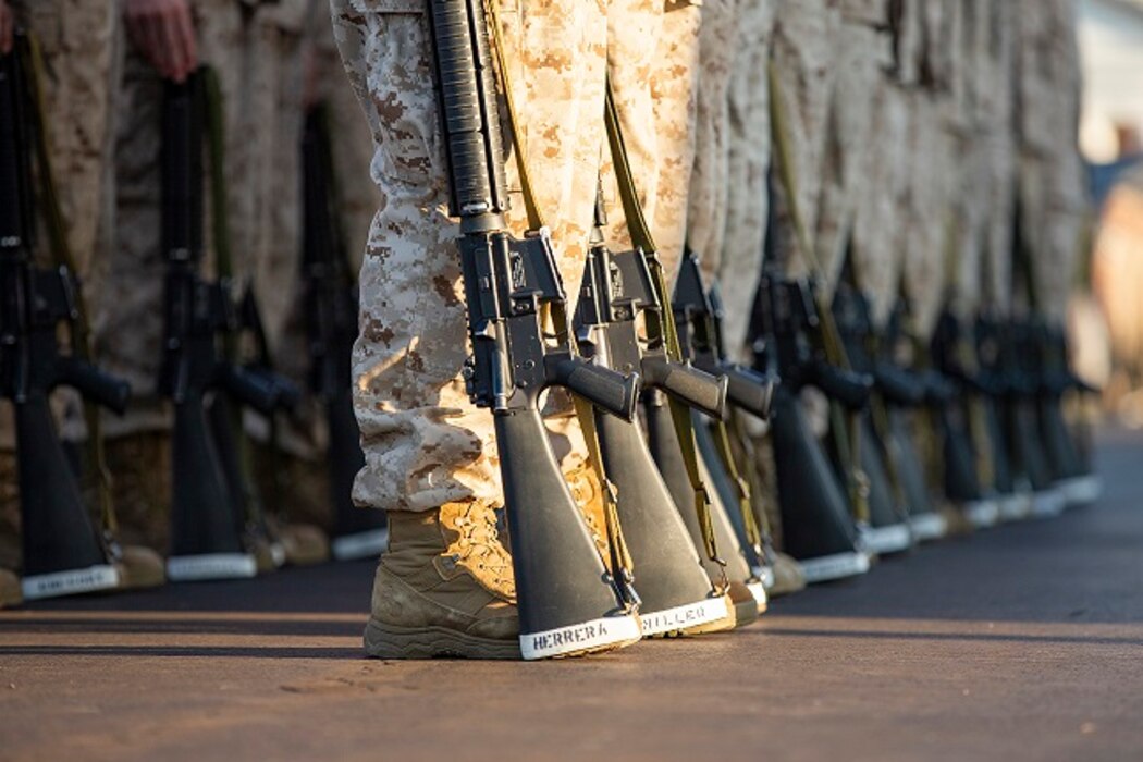 U.S Marine officer candidates with the Officer Candidate School, participate in close order drill, at Marine Corps Base Quantico