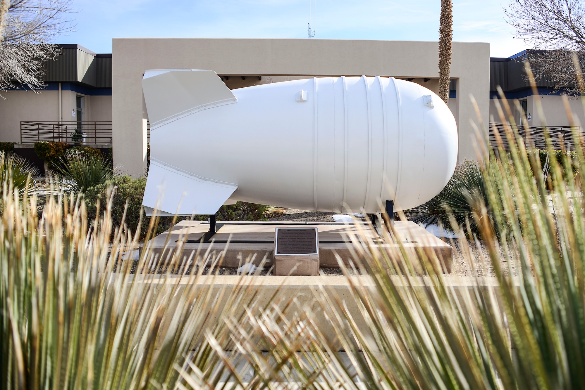 The replica of an iconic Mk6 Atomic Bomb training device was unveiled in front of the Defense Nuclear Weapons School at Kirtland Air Force Base, N.M., Jan. 10. The replica honors the school’s 72 years of radiological and nuclear teaching excellence. (U.S. Air Force photo by Staff Sgt. Kimberly Nagle)