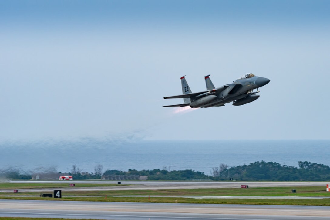 An F-15C Eagle takes off from Kadena Air Base, Japan, Jan. 9, 2019. The Eagle is an all-weather, extremely maneuverable, tactical fighter designed to permit the Air Force to gain and maintain air supremacy over the battlefield. (U.S. Air Force photo by Airman 1st Class Matthew Seefeldt)