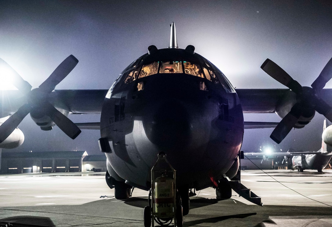 A C-130 Hercules assigned to the 130th Airlift Wing, McLaughlin Air National Guard Base, Charleston, W.Va. awaits takeoff to deliver supplies to Puerto Rico, Oct. 5, 2017