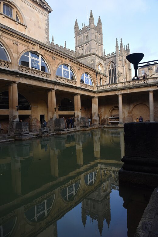 Tourists explore what remains of the Roman Baths in Bath, England, Dec. 22, 2018. Each day about 1,170,000 litres of steaming spring water flow into the baths. (U.S. Air Force photo by Airman 1st Class Madeline Herzog)