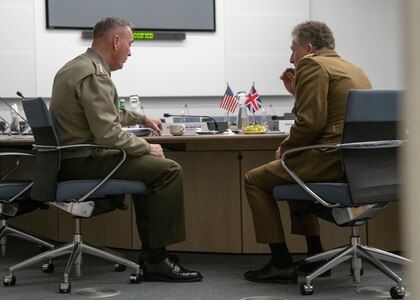 Marine Corps Gen. Joe Dunford, the chairman of the Joint Chiefs of Staff, meets with his U.K. counterpart Army Gen. Sir Nicholas Carter, chief of Defense Staff, in between sessions of the North Atlantic Treaty Organization (NATO) Military Committee in Chiefs of Defense Session (MC/CS) in Brussels, Belgium, Jan. 15, 2019.