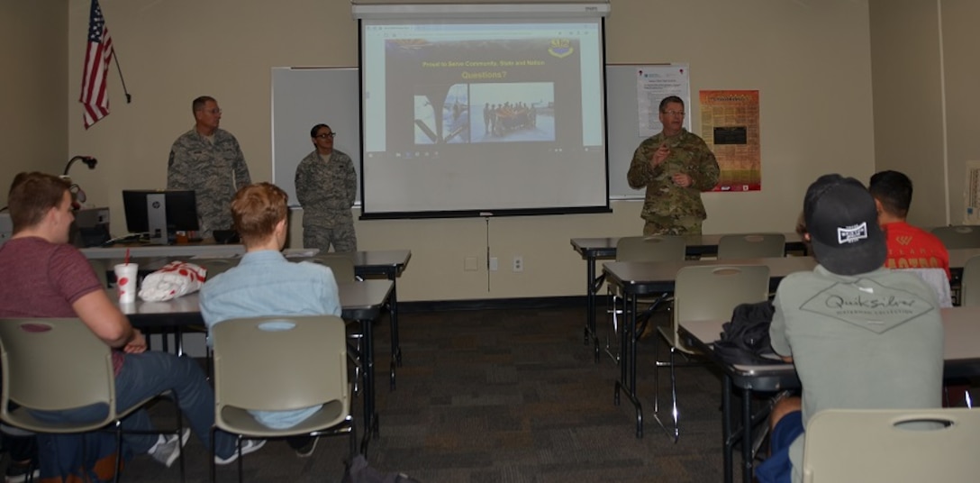 Chief Master Sgt. David Meehan, 161st Air Refueling Wing aircraft maintenance superintendent, provides the Wing’s mission brief to pilot students at Chandler-Gilbert Community Jan. 15, increasing awareness about the Arizona Air National Guard and the process to join the Air Guard. Meehan’s presentation generated interest among the prospective recruits, while solidifying a community-partnership with the learning institution. (U.S. Air National Guard photo by 1st Lt .Tinashe Machona)