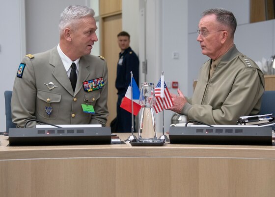 Marine Corps Gen. Joe Dunford, chairman of the Joint Chiefs of Staff, meets with Chief of the Defence Staff of the French Armed Forces François Lecointre, during the 180th North Atlantic Treaty Organization Military Committee in Chiefs of Defense Session (MC/CS) at NATO headquarters in Brussels, Belgium, Jan. 16, 2019.