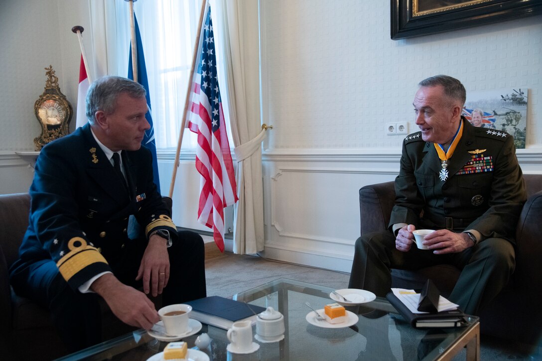 Marine Corps Gen. Joe Dunford, chairman of the Joint Chiefs of Staff, meets with his counterpart Dutch navy Adm. Rob Bauer, the Netherlands’ chief of defense, at the Binnenhof in The Hague, Netherlands.