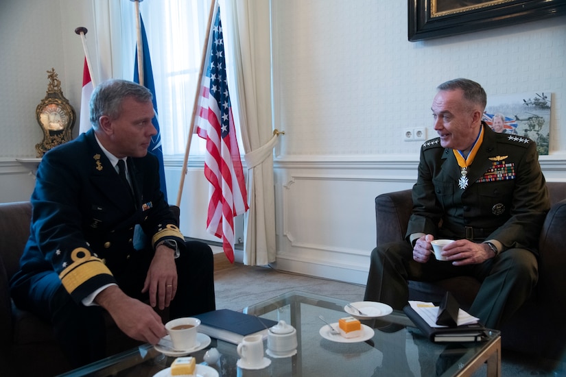 Marine Corps Gen. Joe Dunford, chairman of the Joint Chiefs of Staff, meets with his counterpart Dutch navy Adm. Rob Bauer, the Netherlands’ chief of defense, at the Binnenhof in The Hague, Netherlands.