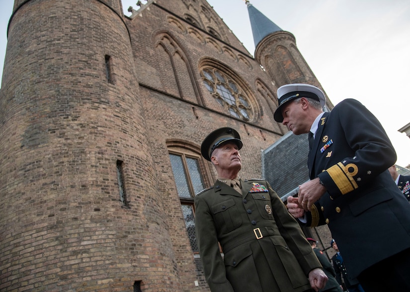 Marine Corps Gen. Joe Dunford, chairman of the Joint Chiefs of Staff, speaks with his Dutch counterpart, Navy Adm. Rob Bauer, the Netherlands’ chief of defense, at the Binnenhof in The Hague, Netherlands.