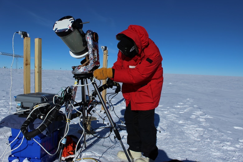 Capt. Michael Nayak, an AFRL scientist, sets up the optical telescope in the harsh environment of the South Pole. (Courtesy photo)