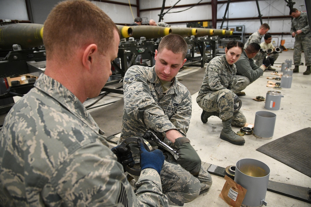 388th Maintenance Squadron Munitions Flight builds bombs during training.