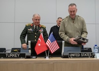 Marine Corps Gen. Joe Dunford, chairman of the Joint Chiefs of Staff, meets with his counterpart Turkish Army Gen. Yasar Güler, Chief of the Turkish General Staff, after the 180th North Atlantic Treaty Organization Military Committee in Chiefs of Defense Session (MC/CS) at NATO headquarters in Brussels, Belgium, Jan. 16, 2019.