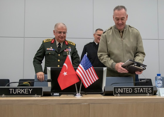 Marine Corps Gen. Joe Dunford, chairman of the Joint Chiefs of Staff, meets with his counterpart Turkish Army Gen. Yasar Güler, Chief of the Turkish General Staff, after the 180th North Atlantic Treaty Organization Military Committee in Chiefs of Defense Session (MC/CS) at NATO headquarters in Brussels, Belgium, Jan. 16, 2019.