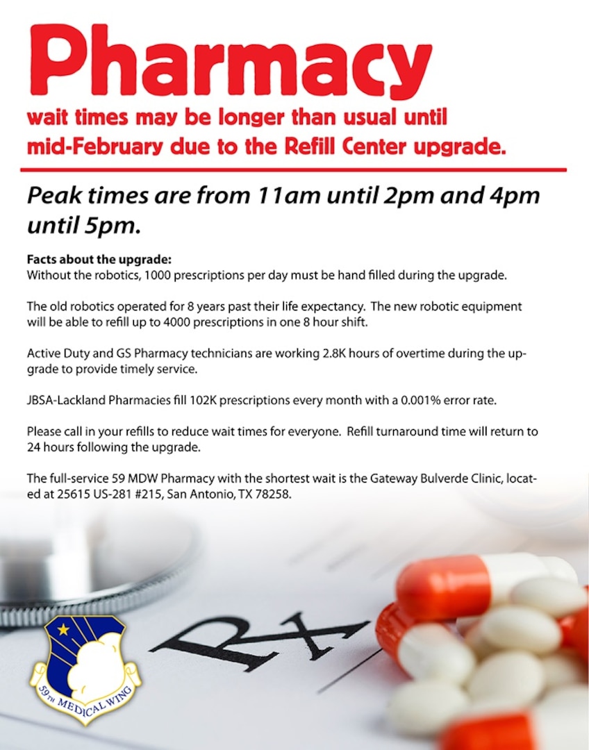Beneficiaries may experience a longer than normal wait time at the Wilford Hall Ambulatory Surgical Center pharmacy at Joint Base San Antonio-Lackland until mid-February while refill center undergoes an upgrade.