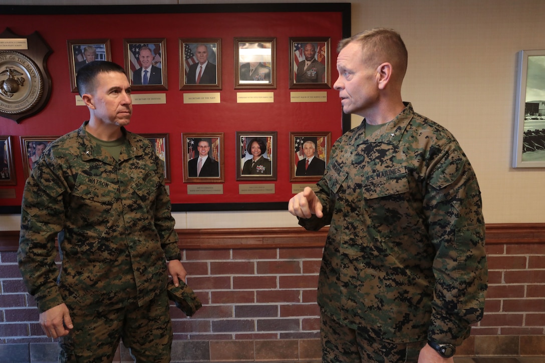 MCLB Albany Commanding Officer Col. Alphonso Trimble welcomes Marine Corps Installations East Commanding General Brig. Gen. Benjamin Watson, Sgt. Maj. Charles Metzger and his senior staff to the installation, Jan. 17. Watson recently assumed command of MCIEAST. Trimble along with several of his senior staff gave a tour of the base highlighting the critical missions and its tenant commands.  (U.S. Marine Corps photo by Re-Essa Buckels)