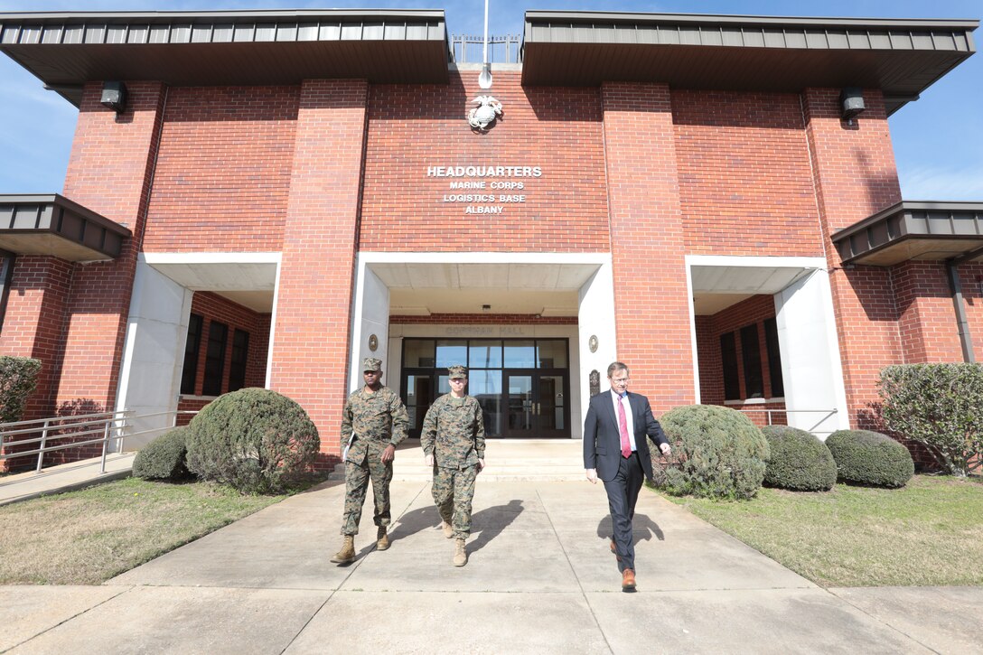 MCLB Albany Commanding Officer Col. Alphonso Trimble welcomes Marine Corps Installations East Commanding General Brig. Gen. Benjamin Watson, Sgt. Maj. Charles Metzger and his senior staff to the installation, Jan. 17. Watson recently assumed command of MCIEAST. Trimble along with several of his senior staff gave a tour of the base highlighting the critical missions and its tenant commands.  (U.S. Marine Corps photo by Re-Essa Buckels)
