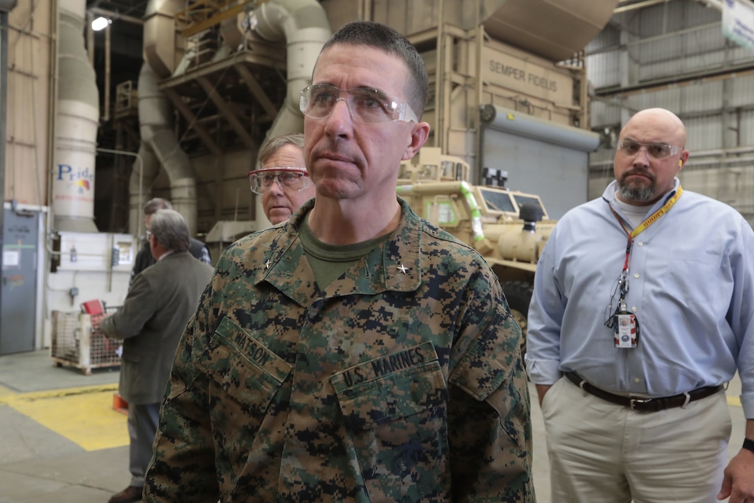 MCLB Albany Commanding Officer Col. Alphonso Trimble welcomes Marine Corps Installations East Commanding General Brig. Gen. Benjamin Watson, Sgt. Maj. Charles Metzger and his senior staff to the installation, Jan. 17. Watson recently assumed command of MCIEAST. Trimble along with several of his senior staff gave a tour of the base highlighting the critical missions and its tenant commands.  (U.S. Marine Corps photo by Re-Essa Buckels)