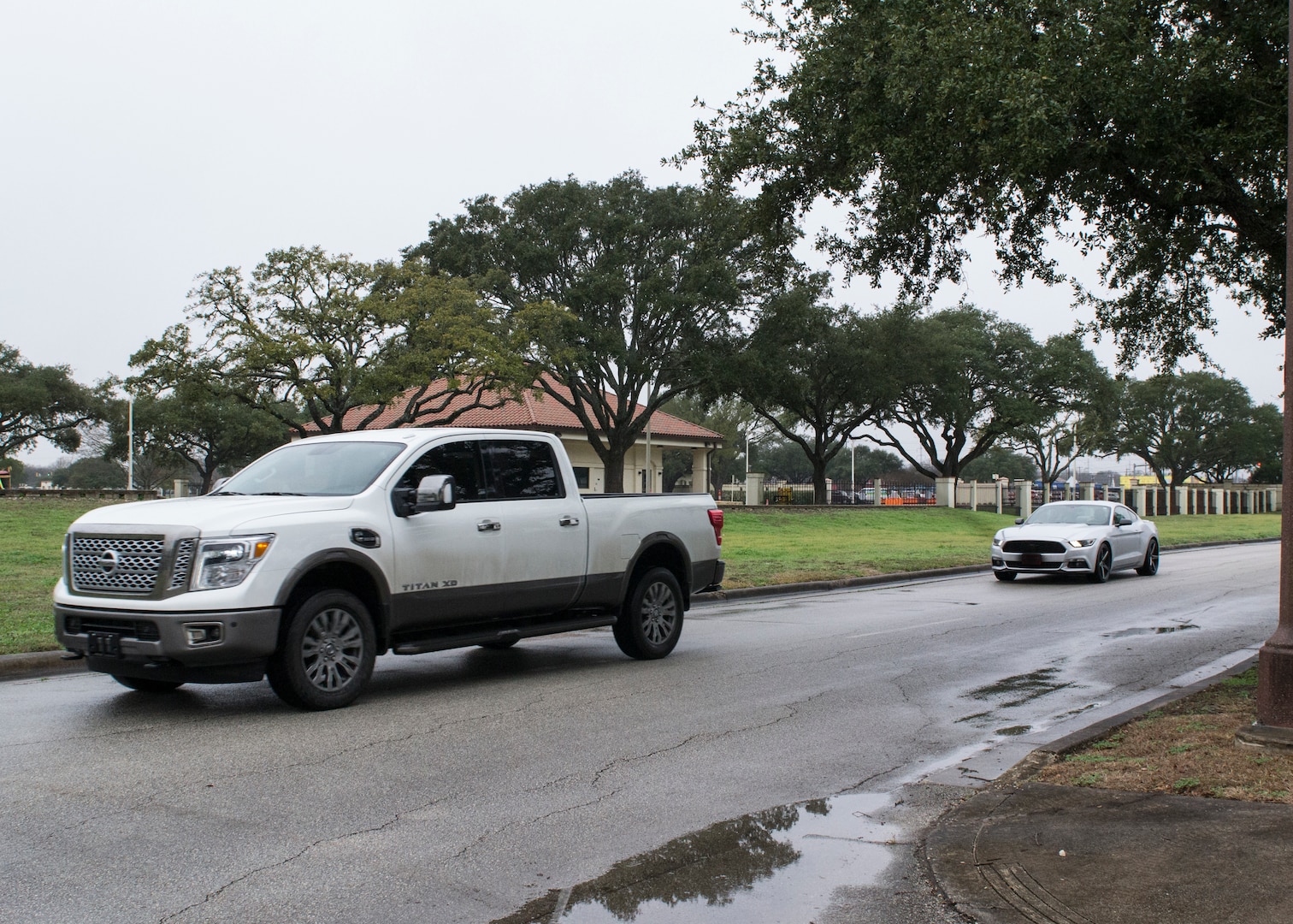 Joint Base San Antonio-Randolph members drive down First Street East adjacent to Harmon Drive due to the construction and closure of the main gate Jan. 18, 2019, at JBSA-Randolph, Texas. JBSA safety specialists urge drivers to be patient as improvements are made to enhance force protection.
