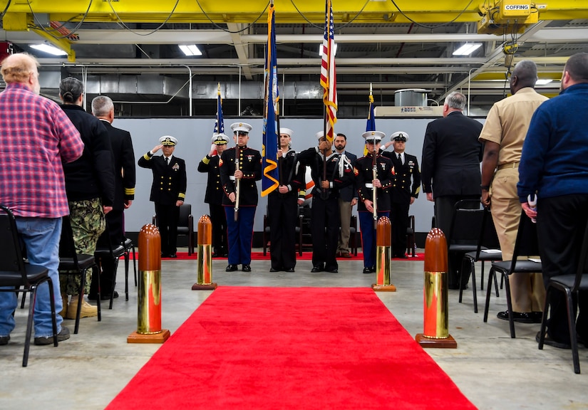 Members of the Joint Base Charleston Naval Support Activity honor guard present the colors at the Navy Munitions Command Atlantic Unit Charleston change of command Jan. 16, 2018, at Joint Base Charleston, S.C.
