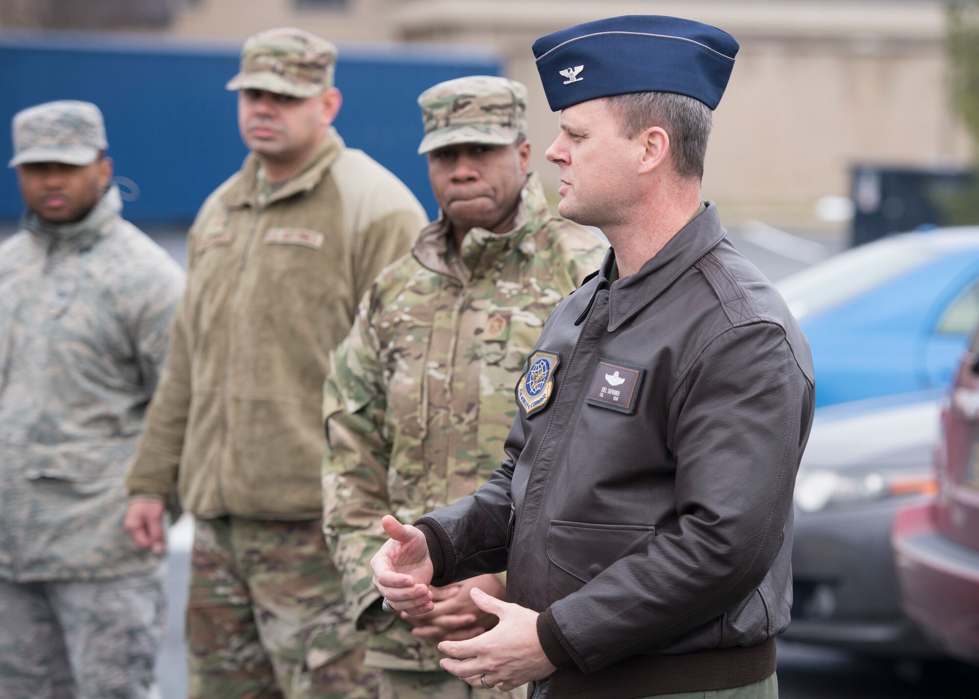 Col. Joel Safranek, 436th Airlift Wing commander, speaks before the Martin Luther King Jr. Unity Walk Jan. 18, 2019, on Dover Air Force Base, Del. Safranek spoke on the importance of unity as it pertains to Team Dover Airmen. (U.S. Air Force photo by Staff Sgt. Jared Duhon)