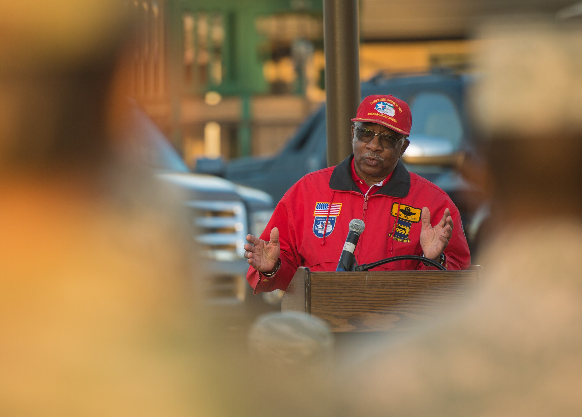 Colonel (Retired) Richard “Dick” Toliver gives a speech during a Martin Luther King Jr. Day remembrance ceremony at Luke Air Force Base, Ariz., Jan. 18, 2019. Toliver personally met MLK several times during the Civil Rights Movement and shared his experiences with Luke Airmen. (U.S. Air Force photo by Senior Airman Caleb Worpel)