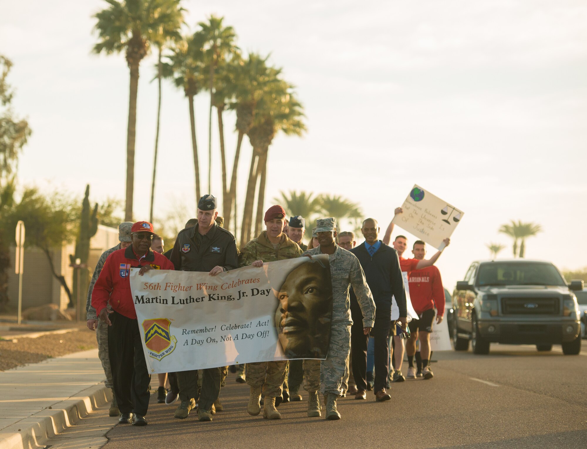 Airmen assigned to the 56th Fighter Wing participate in a Martin Luther King Jr. Day remembrance march at Luke Air Force Base, Ariz., Jan. 18, 2019. Approximately 70 Airmen participated in the march which honored the life and legacy of Martin Luther King Jr. (U.S. Air Force photo by Senior Airman Caleb Worpel)