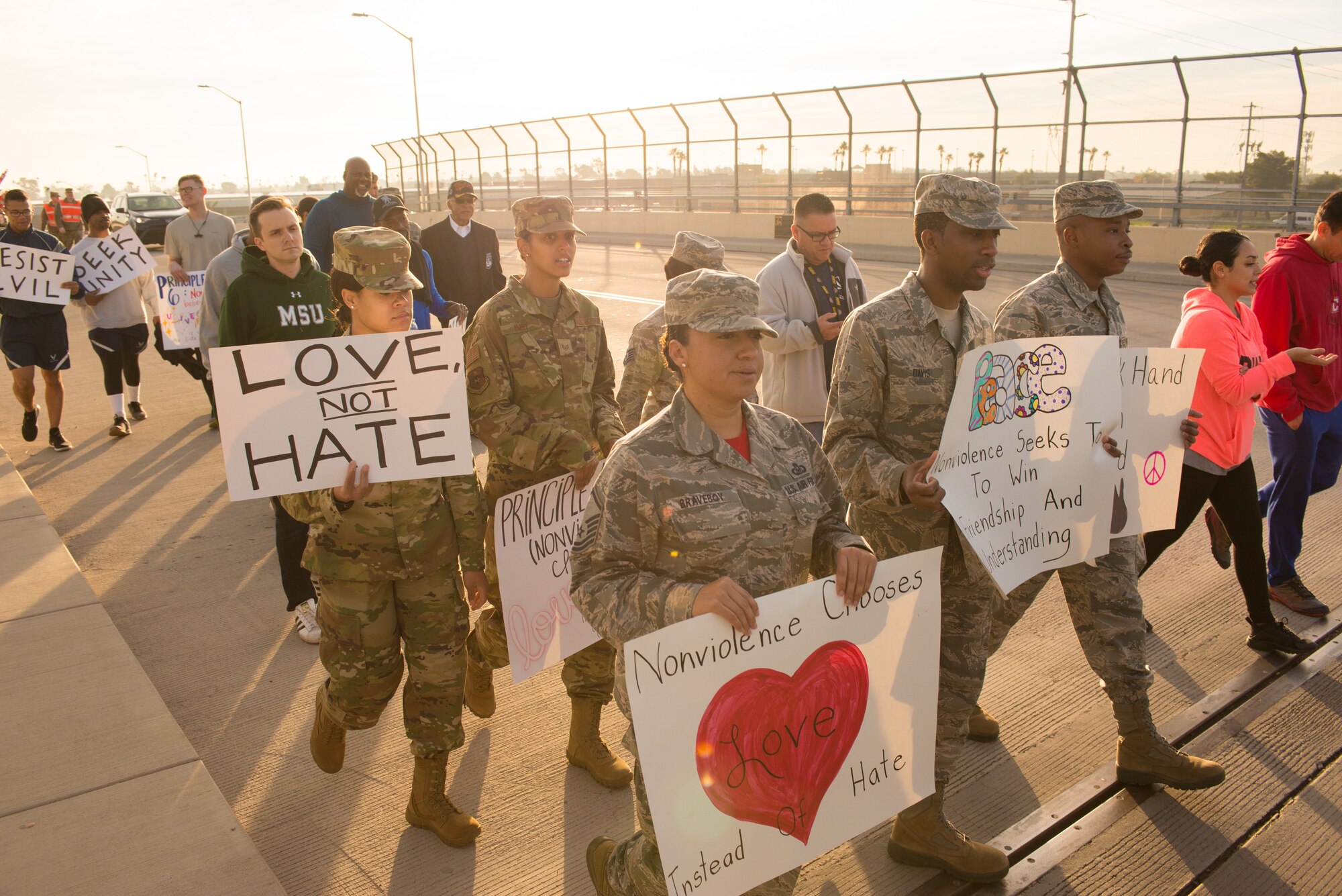 Airmen assigned to the 56th Fighter Wing participate in a Martin Luther King Jr. Day remembrance march at Luke Air Force Base, Ariz., Jan. 18, 2019. Martin Luther King Jr. has been celebrated the third Monday in January as a federal holiday since 1986. (U.S. Air Force photo by Senior Airman Caleb Worpel)
