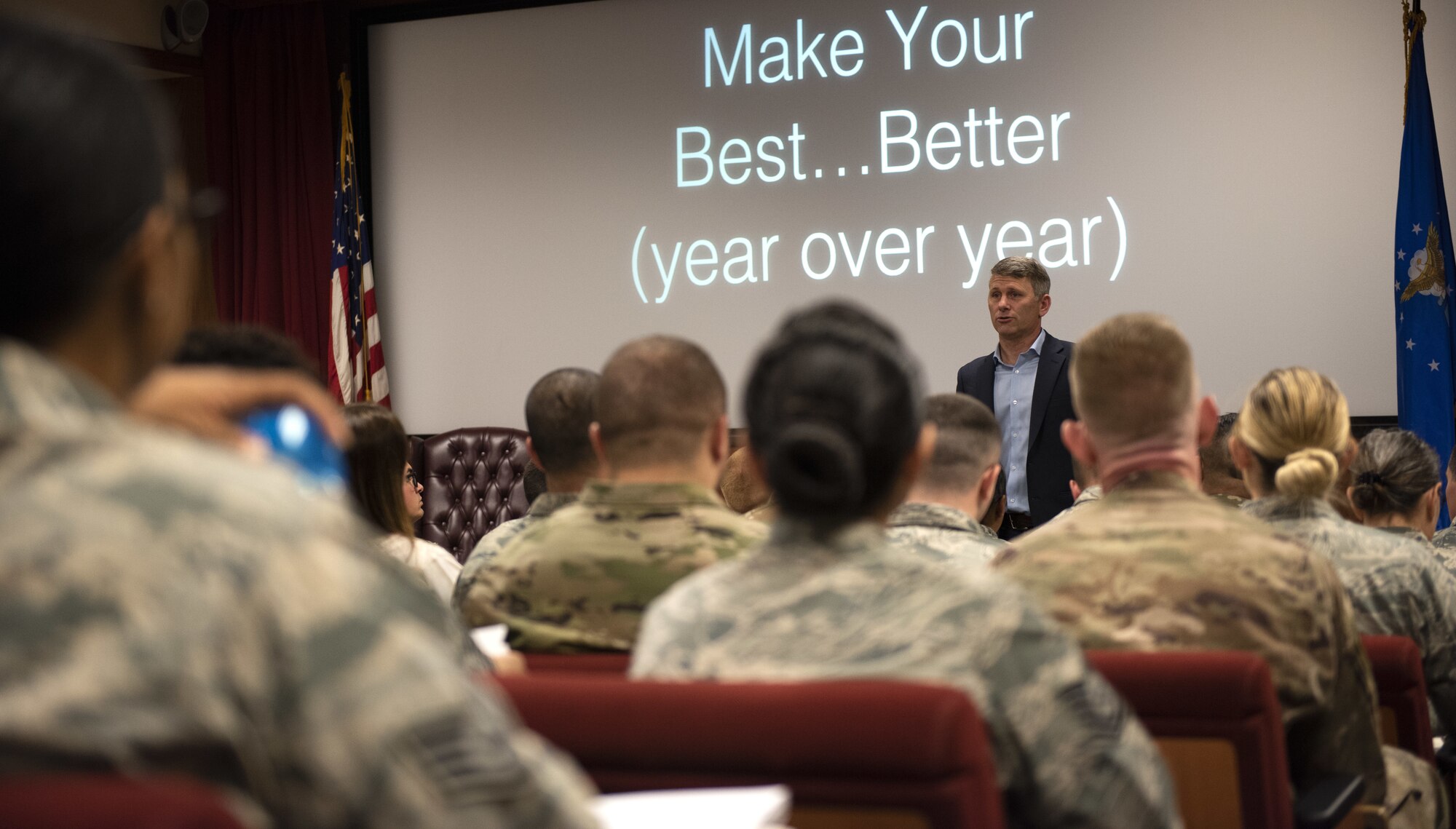 Travis Air Force Base Airmen attend a leadership class, the best just got better, taught by Jodi and Jason Womack Jan. 10, 2019, at Travis Air Force Base, Calif. Jason and Jodi have visited 39 countries on their voyage to help leaders become stronger. Their next commitment will be in Alabama, where Jason will be a professor of leadership studies at the Air University at Maxwel Air Force Base. (U.S. Air Force photo by Airman 1st Class Jonathon Carnell)