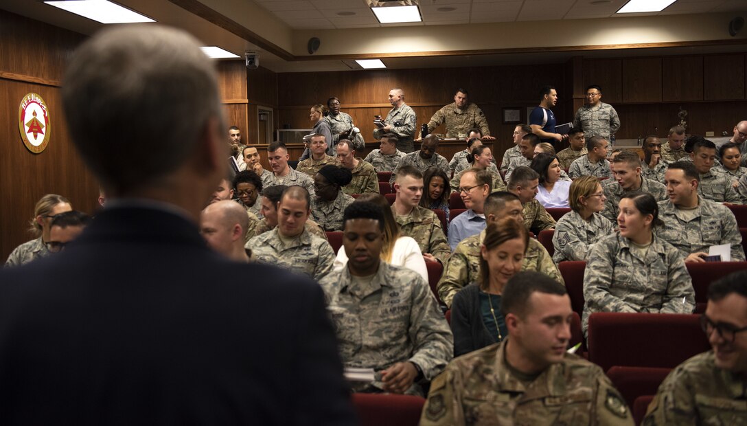 Travis Air Force Base Airmen attend a leadership class, the best just got better, taught by Jodi and Jason Womack Jan. 10, 2019, at Travis Air Force Base, Calif. Jason and Jodi have visited 39 countries on their voyage to help leaders become stronger. Their next commitment will be in Alabama, where Jason will be a professor of leadership studies at the Air University at Maxwel Air Force Base. (U.S. Air Force photo by Airman 1st Class Jonathon Carnell)