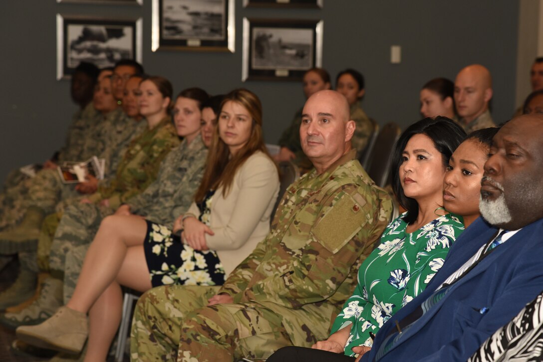 Goodfellow Air Force Base and special guests actively listen to a speech during the Dr. Martin Luther King Junior Day luncheon, at the Event Center on Goodfellow Air Force Base, Texas, Jan. 17, 2019. The guest speaker of the event was U.S. Air Force Chief Master Sgt. Lavor Kirkpatrick, 17th Training Wing command chief. (U.S. Air Force Photo by Airman 1st Class Abbey Rieves/Released)