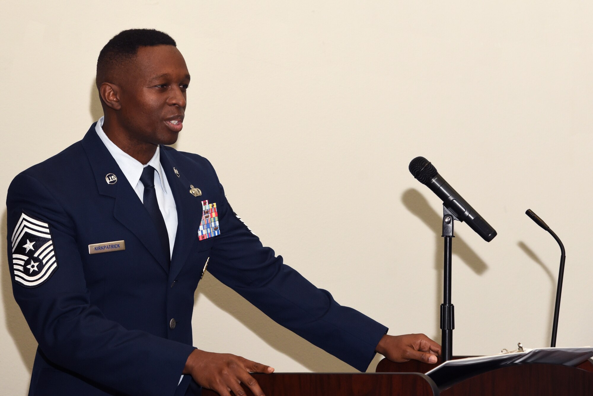 US. Air Force Chief Master Sgt. Lavor Kirkpatrick, 17th Training Wing command chief, speaks to Goodfellow Air Force Base and special guests during the Dr. Martin Luther King Junior Day luncheon, at the Event Center on Goodfellow Air Force Base, Texas, Jan. 17, 2019.  Kirkpatrick was the guest speaker for the Dr. Martin Luther King Junior Day luncheon.  (U.S. Air Force Photo by Airman 1st Class Abbey Rieves/Released)