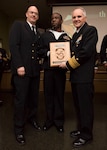 YOKOSUKA, Japan (Jan, 17 2019) - Vice Adm. Phil Sawyer(right), along with Fleet Master Chief Tobi Howat(left), poses with Legalman 1st Class Ryan Pickens at the announcement luncheon during 7th Fleet Sailor of the Year competition. The 7th Fleet Sailor of the Year Week is designed to share with these outstanding Sailors the unique operational environment in the 7th Fleet as well as enhance regional partnerships with like-minded forces.