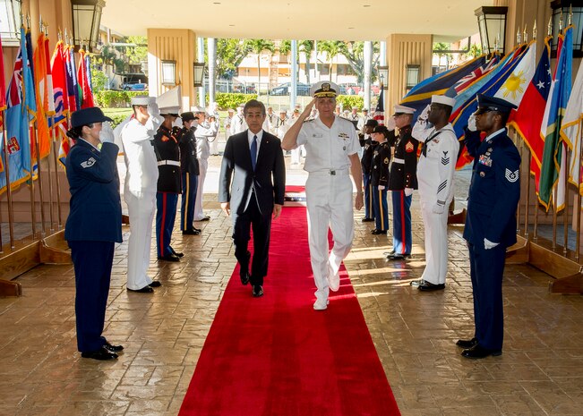 Japan's Minister of Defense, his excellency, Takeshi Iwaya, and Commander, U.S. Indo-Pacific Command (USINDOPACOM), Adm. Phil Davidson, are piped aboard during an honors ceremony at USINDOPACOM headquarters. The alliance between Japan and the United States is the cornerstone for peace and security throughout the Indo-Pacific region and emphasizes both nations’ commitment to a Free and Open Indo-Pacific.