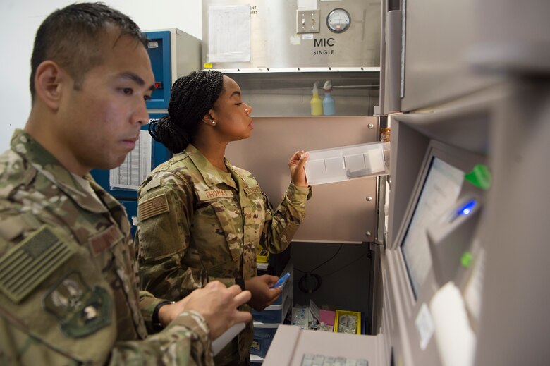 Tech. Sgt. Thoney Douangnoy, left, 379th Expeditionary Medical Group(EMDG) pharmacy operations NCO in charge, and Staff Sgt. Shakita Thomas, the incoming 379th EMDG pharmacy services NCO in charge, account for medications at the 379th EMDG pharmacy Jan. 15, 2019, at Al Udeid Air Base, Qatar. Airmen from the 379th EMDG pharmacy dispense medications for common cold symptoms to military personnel, as part of their over-the-counter medication program. On average, these Airmen support 90 patients and dispense approximately 270 medications each month. (U.S. Air Force photo by Tech. Sgt. Christopher Hubenthal)