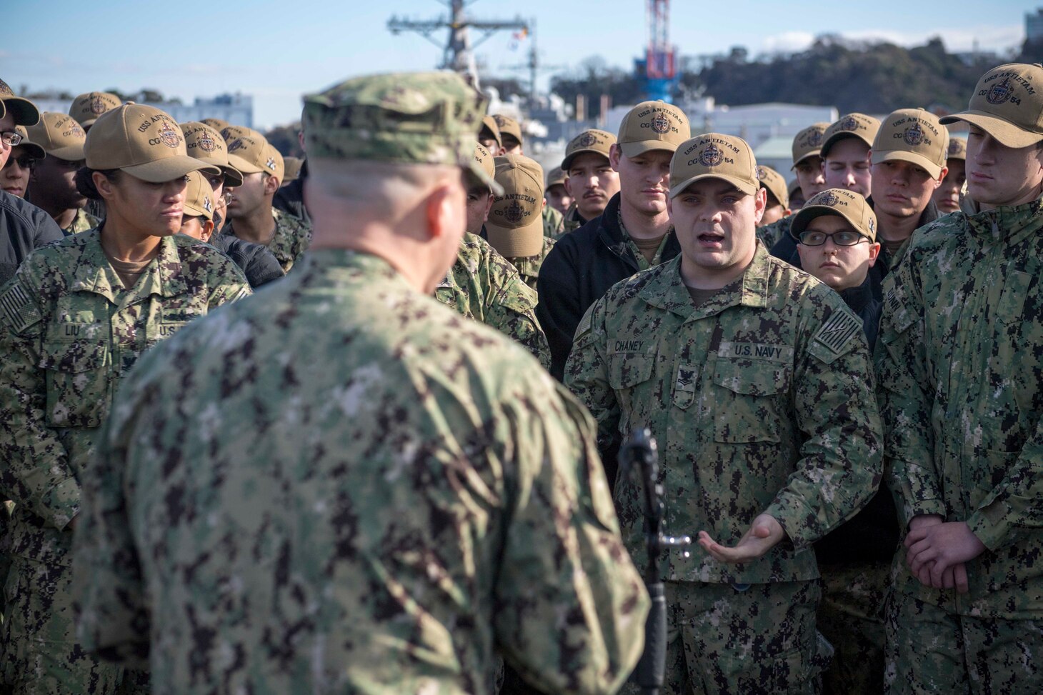 YOKOSUKA, Japan (Jan. 18, 2019) Master Chief Petty Officer of the Navy (MCPON) Russell Smith listens to a question from a Sailor, assigned to the guided-missile cruiser USS Antietam (CG 54), in Yokosuka, Japan during an all hands call. MCPON is the highest enlisted leader in the Navy and was sent to collect Sailors' and enlisted leaders' insights on their challenges in the 7th Fleet to maintain a war fighting readiness. This is the MCPON's first visit to Commander, Fleet Activities Yokosuka as the U.S. Navy's 15th Master Chief Petty Officer of the Navy.